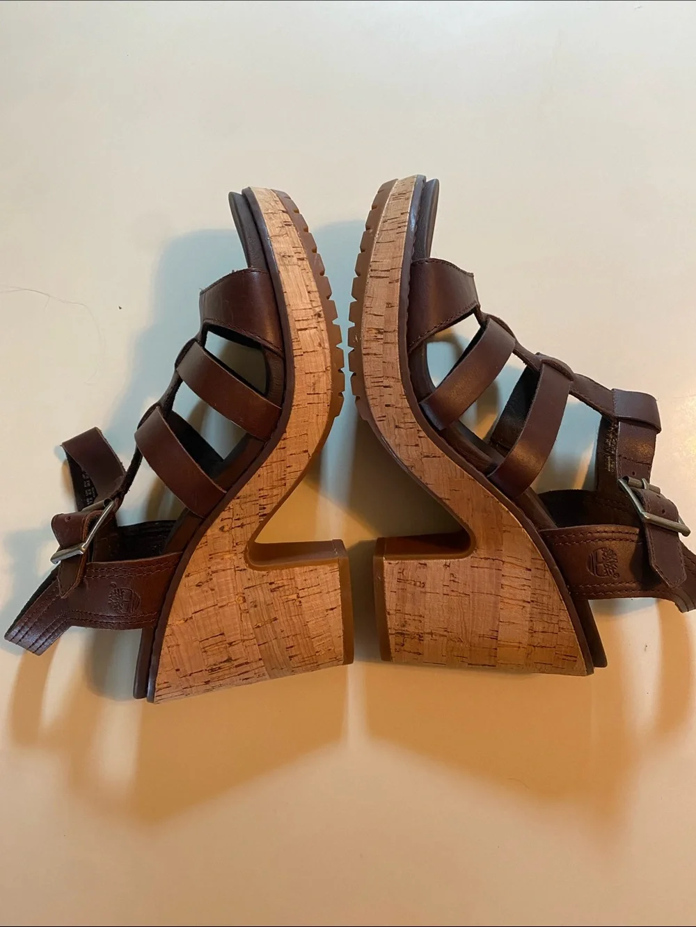 Timberland Women's Dark Brown Leather Strappy Cork Wedge Sandals 7.5 Summer